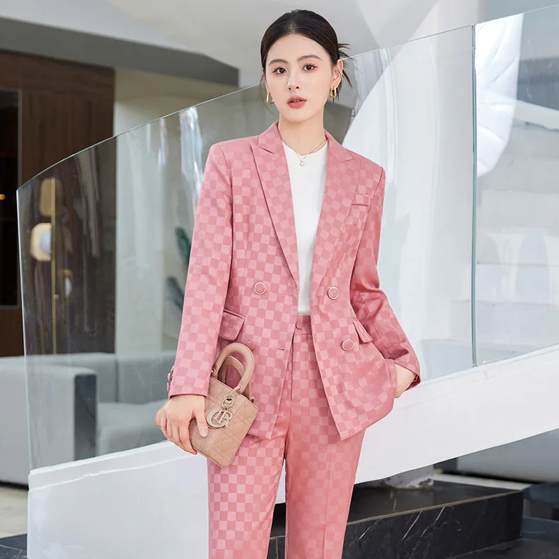 Tesco Casual Women Pantsuit 2PCS Double Breasted Blazer Flare Pant Plaid Suit Set Formal Office Lady Chic Business ropa de mujer