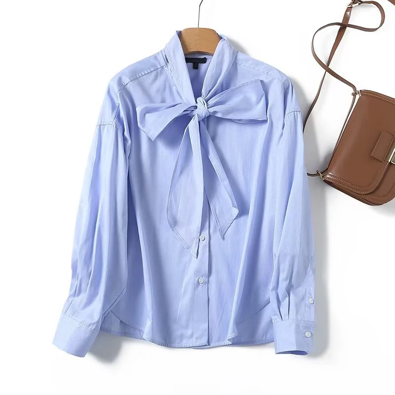 

YENKYE New Women French Style Bow Tie Collar Blue Striped Shirt Long Sleeve Elegant Office Ladies Chic Blouse Blusas Mujer