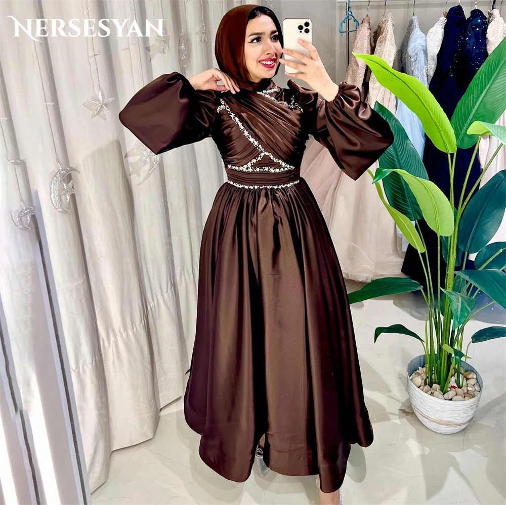 

Nersesyan Solid Muslim Glitter Formal Evening Dresses A-Line Pleats Lantern Sleeves Sequins Prom Dress For Wedding Party Gowns