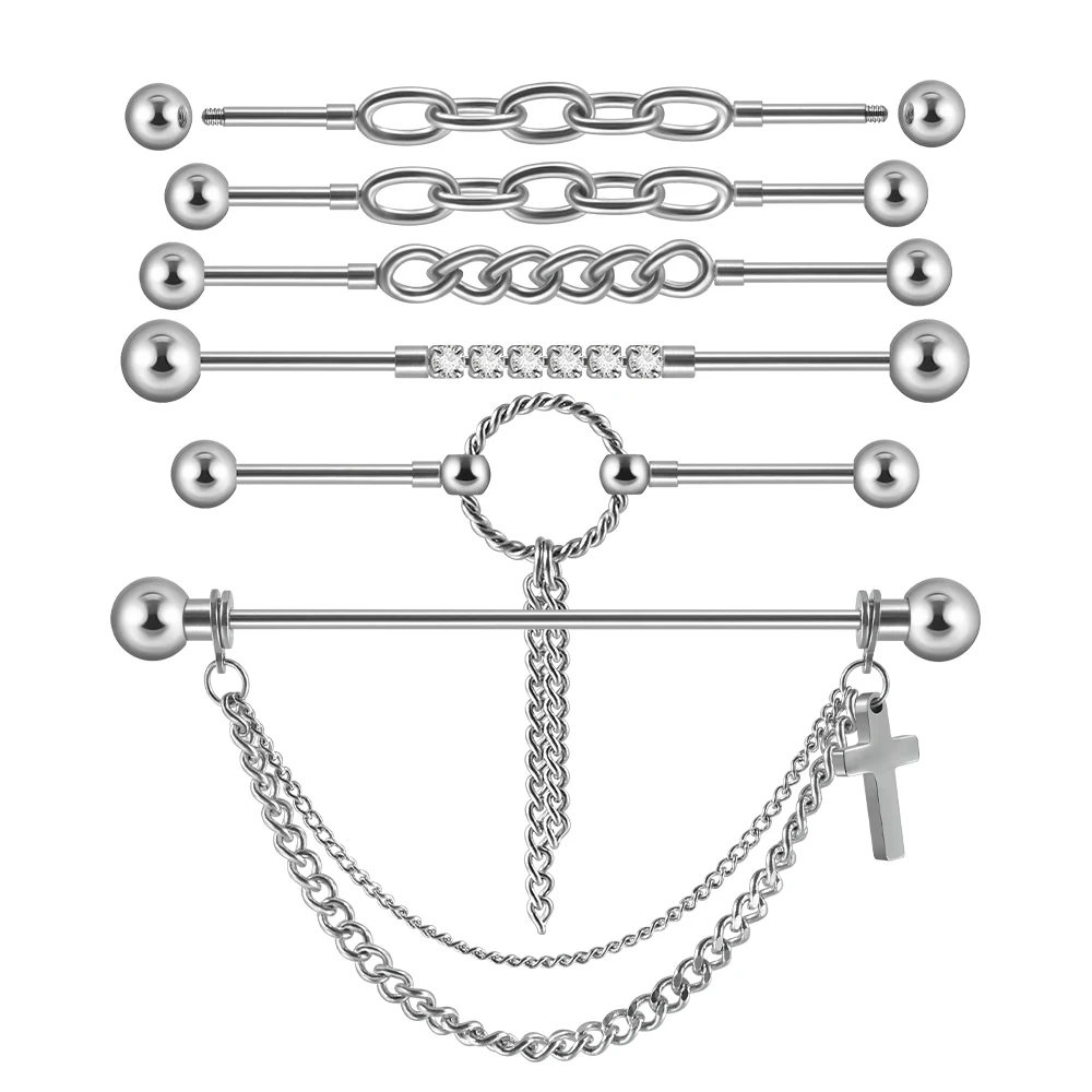 1PC Surgical Steel Extral Thread Industrial Barbell with Chain Link Ear  Piercing Jewelry 16G - AliExpress