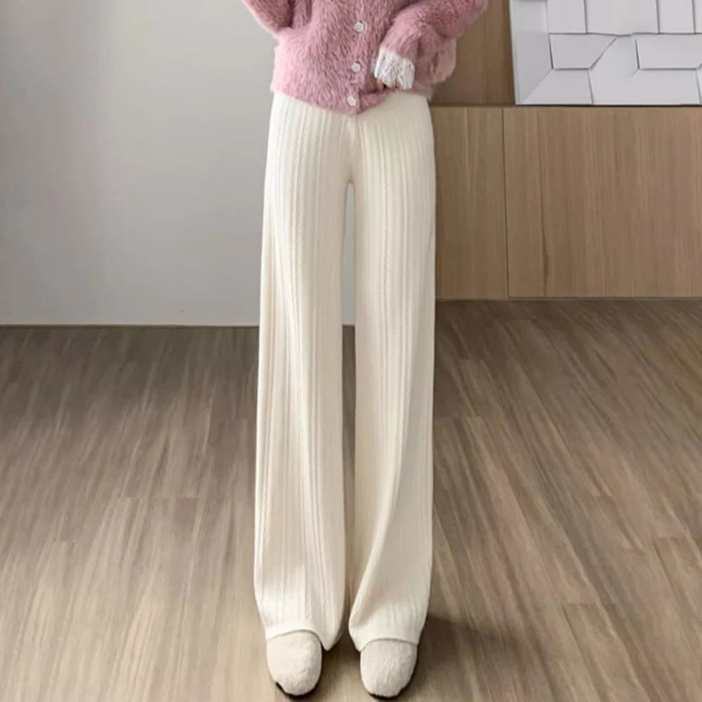 

Knitted Wide-Leg Women Pants 2023 Autumn And Winter Fashion Elegant Casual High-Waisted Solid Loose Twist Pattern Wide-Leg Pants