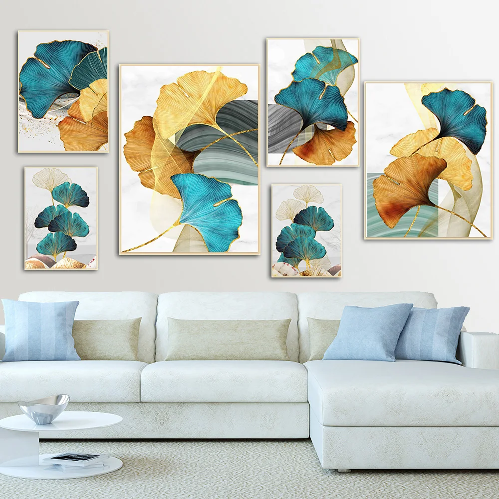

Blue Green Yellow Gold Plant Leaf Abstract Poster Nordic Canvas Print Wall Art Painting Modern Picture Living Room Decoration