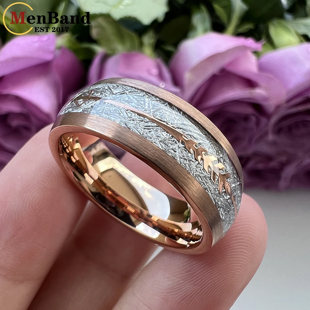 MenBand Fashion 8MM Women's Tungsten Carbide Wedding Ring White Meteorite And Rose Gold Arrow Inlay Comfort Fit
