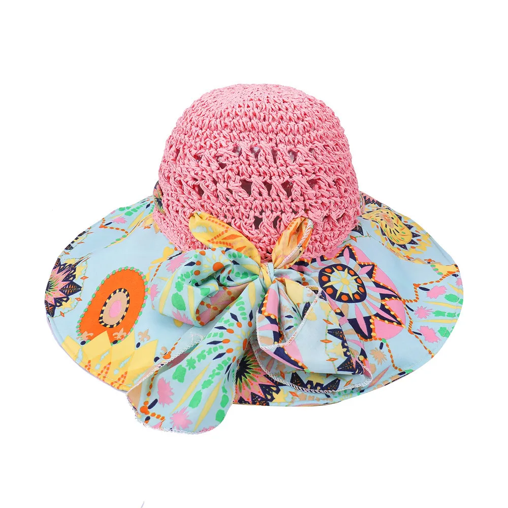 Frauen Frühling Sommer breite Krempe Falt strohhut für Strand urlaub Dame böhmischen Stil Blume Sonnenschutz kappe mit Fliege neu – Detail 17