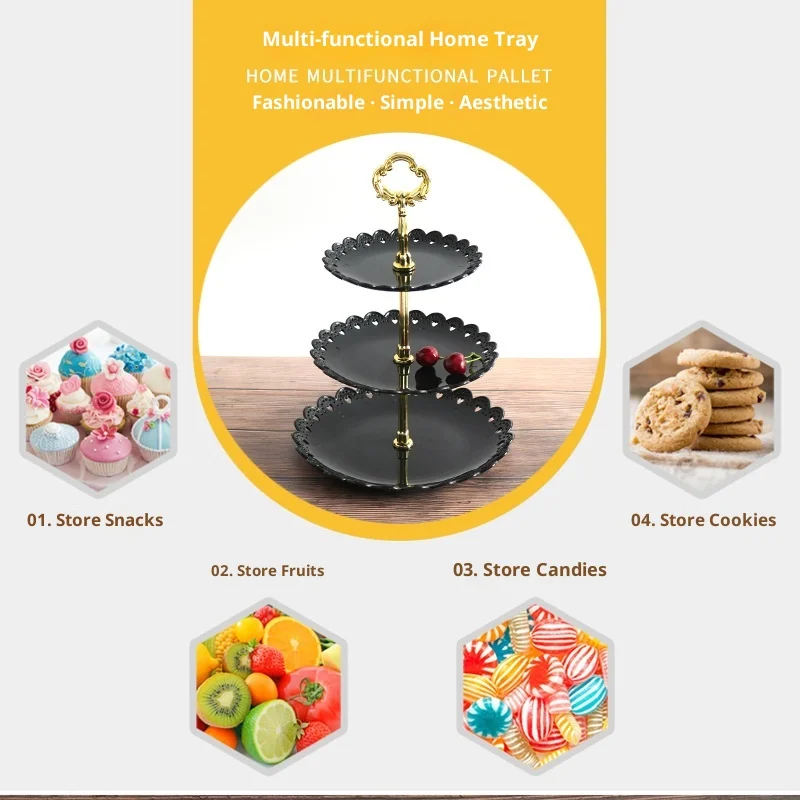 Black White 3Layer Cake Stand Cupcake Tray Plastic Stackable Afternoon Tea Dessert Fruit Plate Birthday Party Wedding Shelf Tool