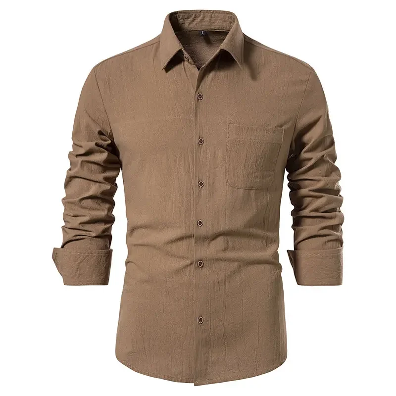 Camisa de lino y algodón para hombre, camisa informal de manga larga de Color sólido, cuello vuelto, blusa ajustada a la moda, novedad