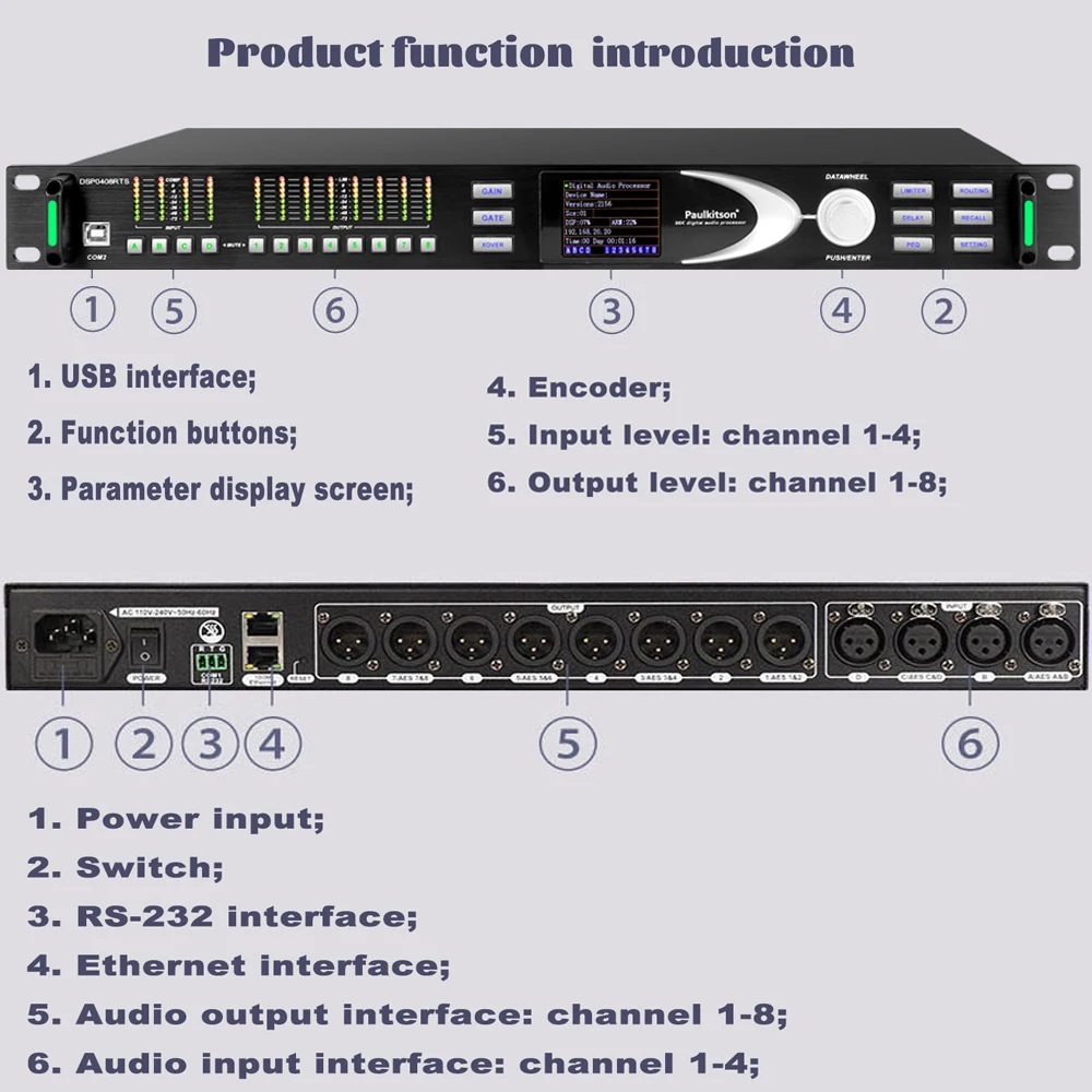 Paulkitson DSP0408RTS Professional Stage Digital Audio Processor  96KHz 32Bit DSP 16Band EQ With AES FIR Speaker Audio Equipment