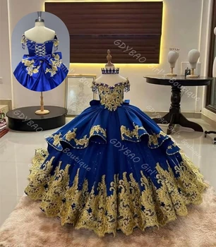 Off Shoulder Flower Girl Dress for Wedding 2-14 Kids Gold Appliqued Tiered Tulle Princess Pageant Dress With Bow/Tassel Custom 1