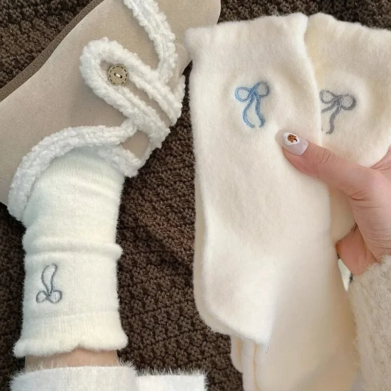 Cozy Mink Velvet Bow Plush Socks - Warm Fluffy Hosiery