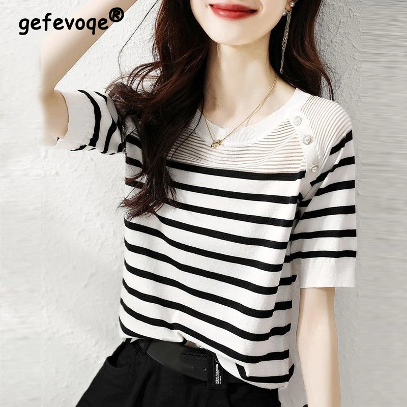 

Women Striped Patchwork Elegant Ice Silk Thin Knitted T Shirt Summer Trendy Round Neck Short Sleeve Slim Chic Pullover Tops Ropa