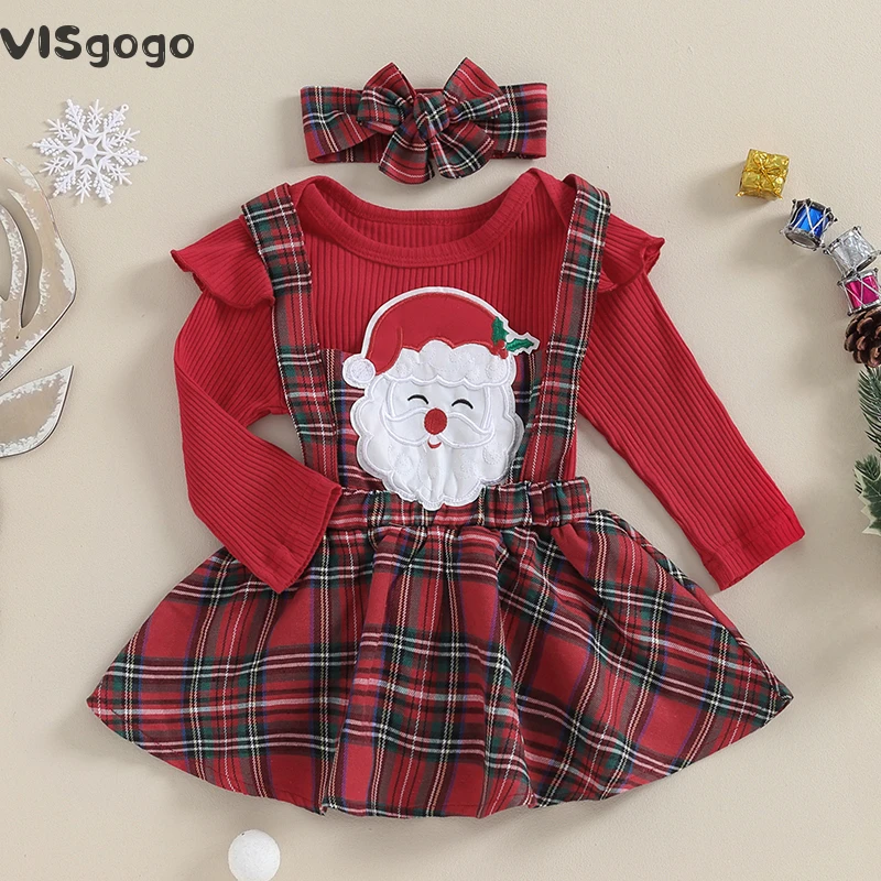 

VISgogo Baby Girls Christmas Outfit Long Sleeve Elk/Santa Claus Romper with Plaid Suspender Dress and Bow Headband 3PCS