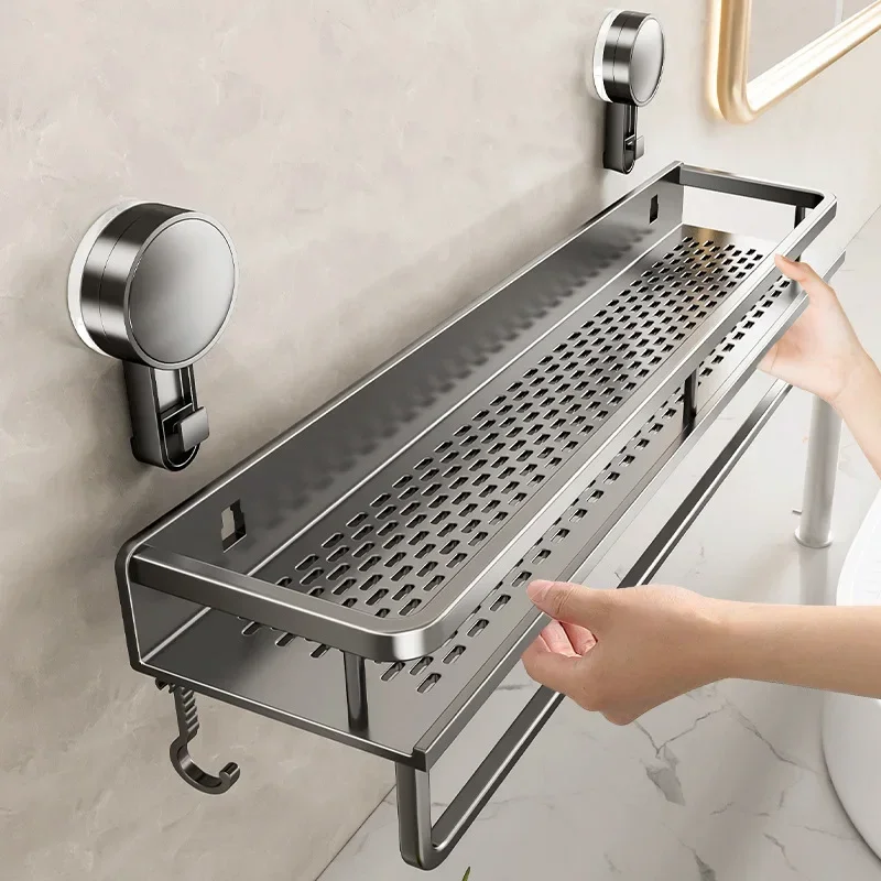 Bathroom Shelf Suction Cup Shampoo Holder Makeup Storage Organizer Aluminum Shower Shelf Bathroom Organizer No Drill Wall Shelf 2