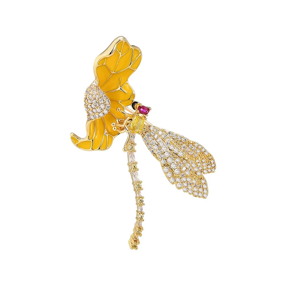 Delicate Enamel Dragonfly Standing Branch Lotus Leaf Brooch Zircon Flower Women Brooch Pins Personality Jewelry Accessories
