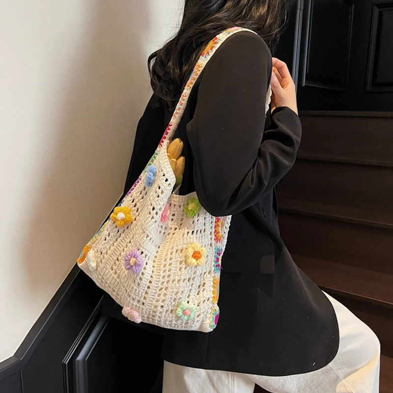 Women Cute Knitting Tote Bag Wear Resist Lovely Woven Shoulder Bag Stylish Knit Shoulder Bag Seaside Trip Shopping Beach Bag
