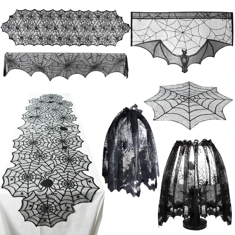 

Halloween Lace Tablecloth Black Bat Spider Web Table Runner Lampshade Decoration For Halloween Party Home Bar Fireplace Decor