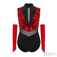 Girls Gymnastics Dance Performance Outfit Mock Neck Sleeveless Cutout Back Sparkling Sequins Color Block Leotard with Gloves