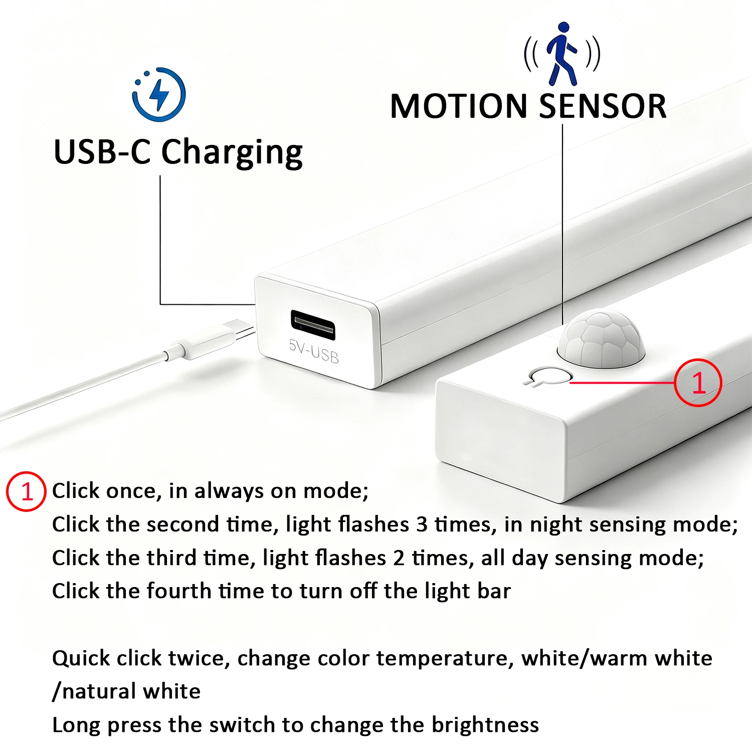 3Pcs LED Lights with Motion Detection USB Rechargeable LED Motion Sensor Lights for Room Kitchen Under Cabinet Wardrobe Closet