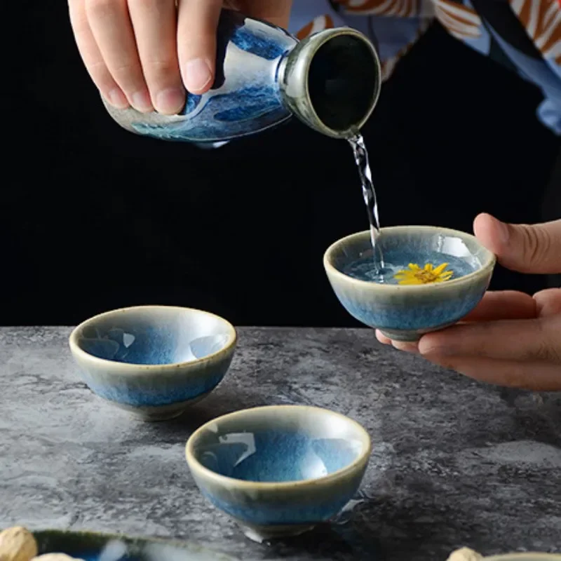 Japanese Vintage Sake Pot Kiln Change Blue Ceramic Wine Cup Home Shochu Wine Dispenser Sushi Restaurant Drinking Utensils Gifts ceramic sake set