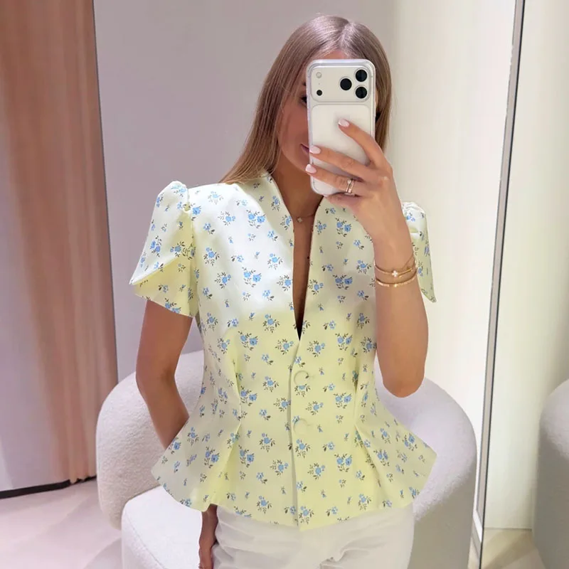 ตัวเลือกสินค้า เสื้อคลุมลายพิมพ์เข้ารูป แขนพองสั้น สวยหรู ฤดูร้อน 2026