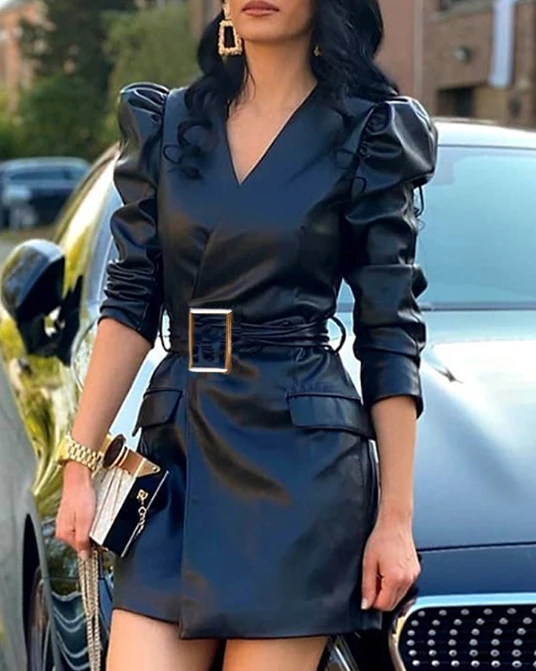 Womens Dresses 2023 Spring Fashion Pu Leather V-Neck Puff Sleeve Casual Long Sleeved Plain Daily Mini A Line Dress with Belt