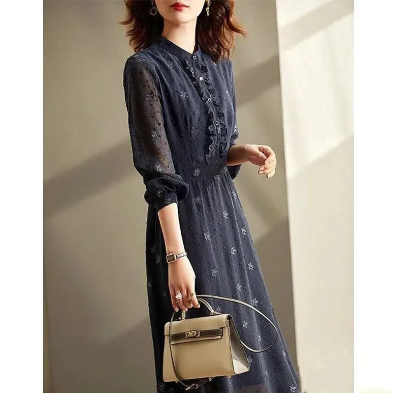 

Long Sleeve Floral Dress Women Elegant Stand collar Summer Dress Loose Female Clothing Casual Button Midi Dress Robe
