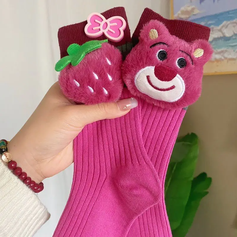 

2 Pairs Of Cartoon Cute Strawberry Bear Autumn/Winter Warm Socks Cute Bear Plush Strawberry Mid-tube Socks