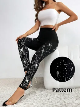 Women's Flower Hot Drilling Leggings Shiny Rhinestone High Waist Stretchy Slim Match Nine Point Pants For Shopping Wear 1