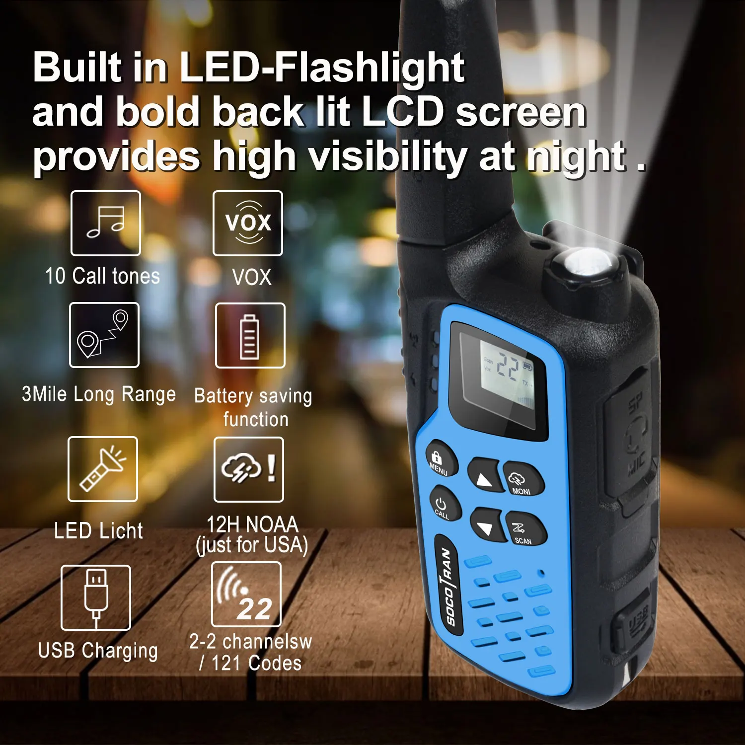 2Pcs SOCOTRAN T25 FRS VOX Walkie Talkie 22 channels Two way radio wireless with 1400mAh outdoors NOAA Weather Channe 3