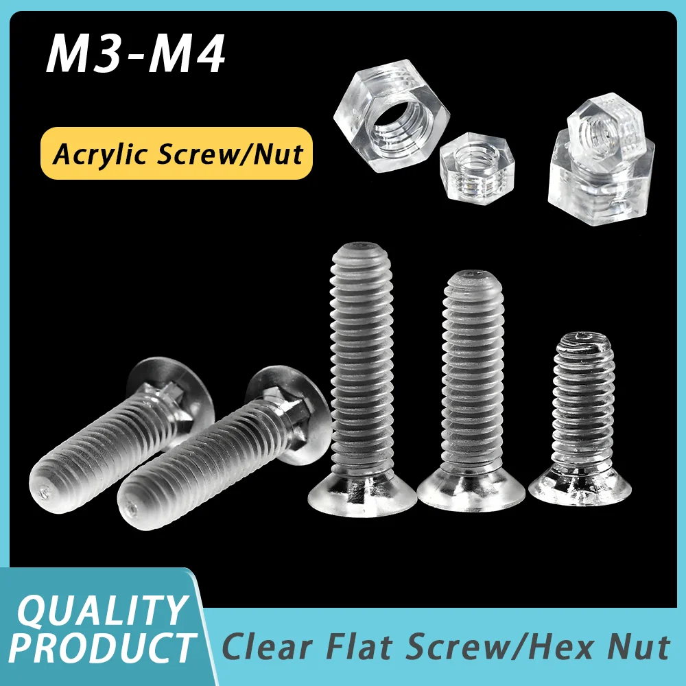 20/30/50/100pcs Hex Nut transparent screw M3 M4 Flat Phillips Cross Head Bolt Acrylic Clear Plastic Nylon Screws Nuts