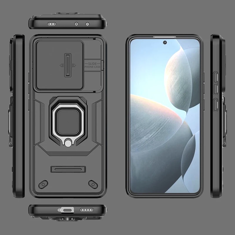 Premium Armor Shockproof Magnetic Bumper with Sliding Lens Protector and Holder for 6.67 inch Smartphones