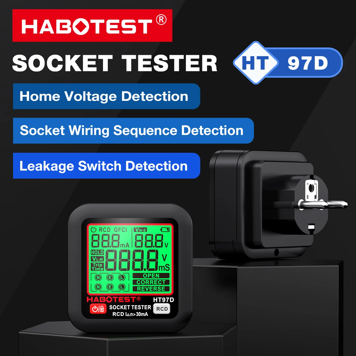 HABOTEST Digital Socket Tester HT97, smart voltage detector RCD GFCI large display compatible EU US UK plug