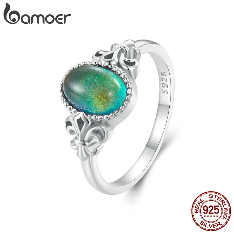 Bamoer Solid 925 Sterling Silver Emotion Ring Ovale Stone Color Change Mood Ring Fine Jewelry Gift Bsr454