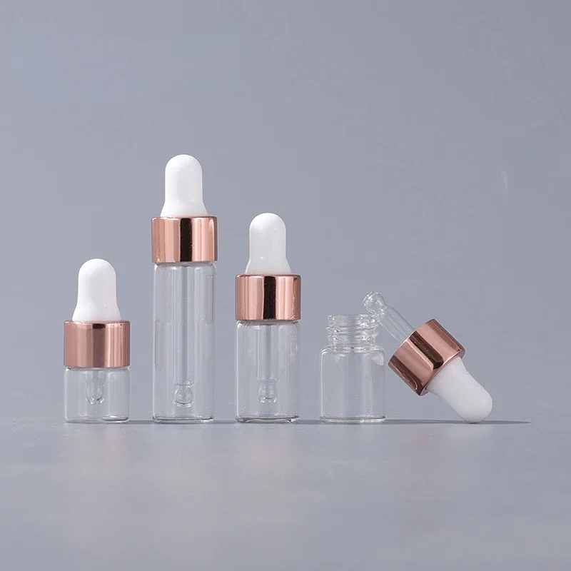 미니 스포이드 병, 유리 빈 에센셜 오일 아로마 테라피 병, 로즈 골드 캡 피펫 병, 1ml, 2ml, 3ml, 5ml, 10 개 