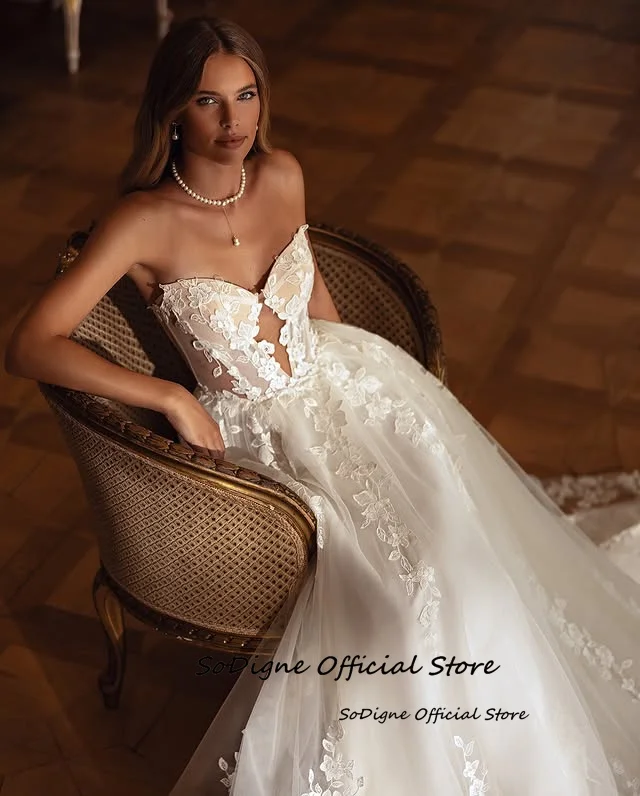 SoDigne A-line Appliques Wedding Dresses Sweetheart Sleeveless Tulle Bridal Dress Beach Wedding Gown Robe De Mairee ﻿Customized 3
