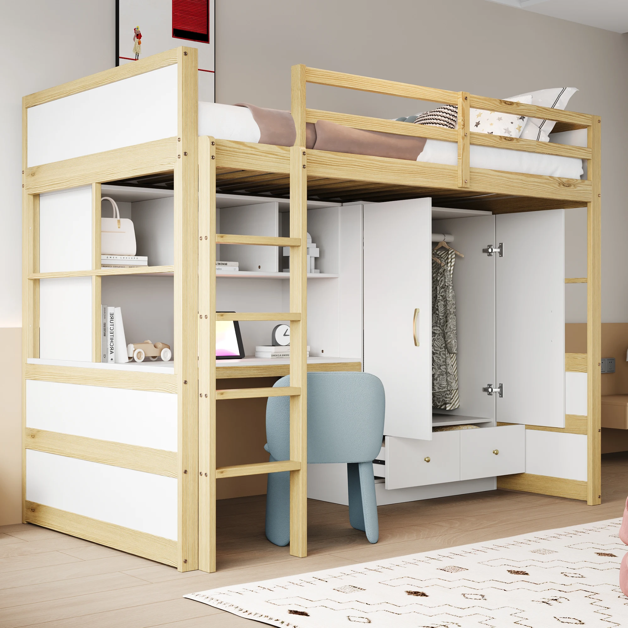 KOMHTOM Hochbett 90x200 cm Einzelbett mit Leiter Schreibtisch mit Stauraum Kleiderschrank und Schubladen – Detail 1