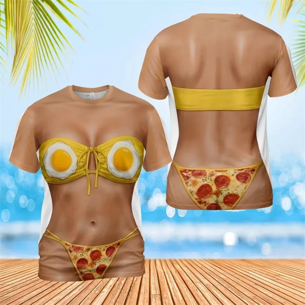 Neues Design Lustiges Bikini 3D-Druck T-Shirt für Männer und Frauen, mit Muskel-Optik, für Strand, Urlaub, Party, Einzigartige Lustige T-Shirts für den Sommer, Outdoor, Persönlichkeit