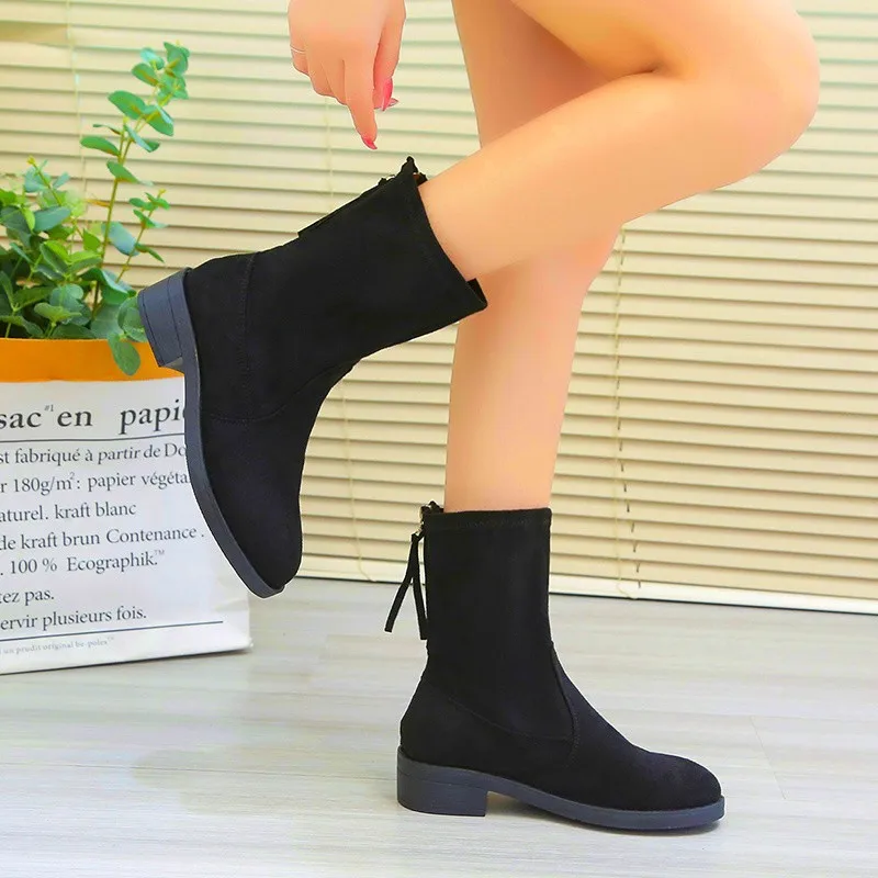 New Shoes for Women Fashion Zipper Women's Boots Winter Round Toe Solid Flock Casual Short Barrel Low-heeled Roman Shoes Women