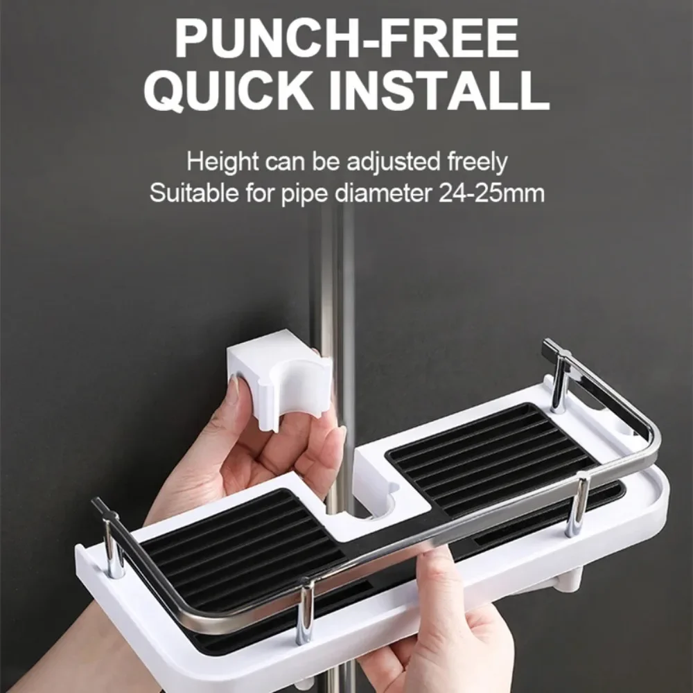 Shower Storage Holder Bathroom Shelf Pole Shelves Shampoo Tray Stand No Drilling Lifting Rod Shower Head Holder Rack Organizer 2