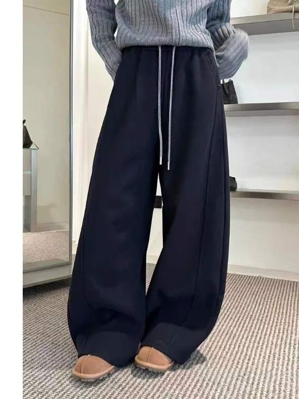 Winter Faion Wide Leg Elastic Waist Dstring Women's Casual Pants Fce Lined High Waist Warm Trousers Korean Sle