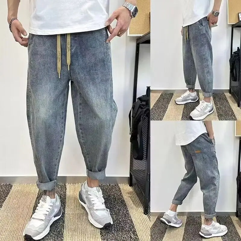 Korean Luxury Clothing Loose Drawstring Denim Harem Pants for Men Vintage Washed Elastic Waistband Jeans Baagy Cargo Pants Men