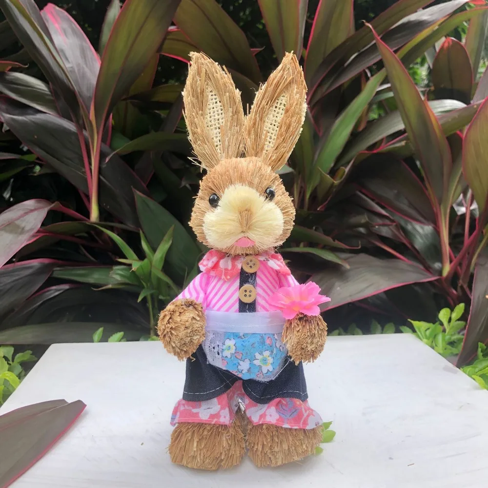Cute High-25cm Straw Rabbits Handmade Hand Weave Garden Statues DIY Photography Props Bunny Decoration Wedding Ornament garden art decor animal sculpture decorations