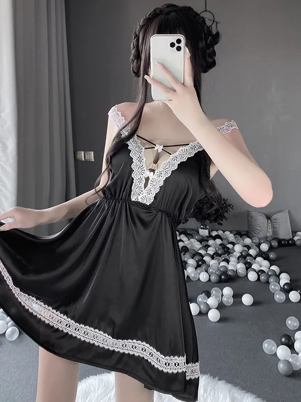 

Lingerie Women's Sexy Nightwear Black White Montage Lace Sling Uniform Seduction Nightwear Hot Backless Hollow Out Dress Z1X9