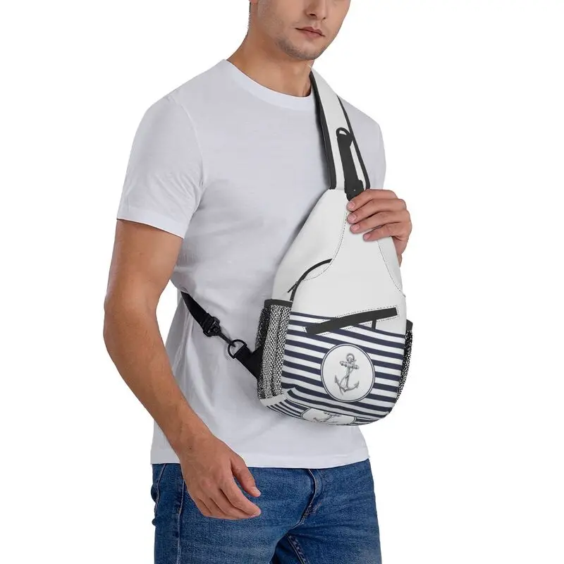 Navy Blue Stripes Nautical Anchor Sling Crossbody Chest Bag Men Fashion Shoulder Backpack for Camping Biking