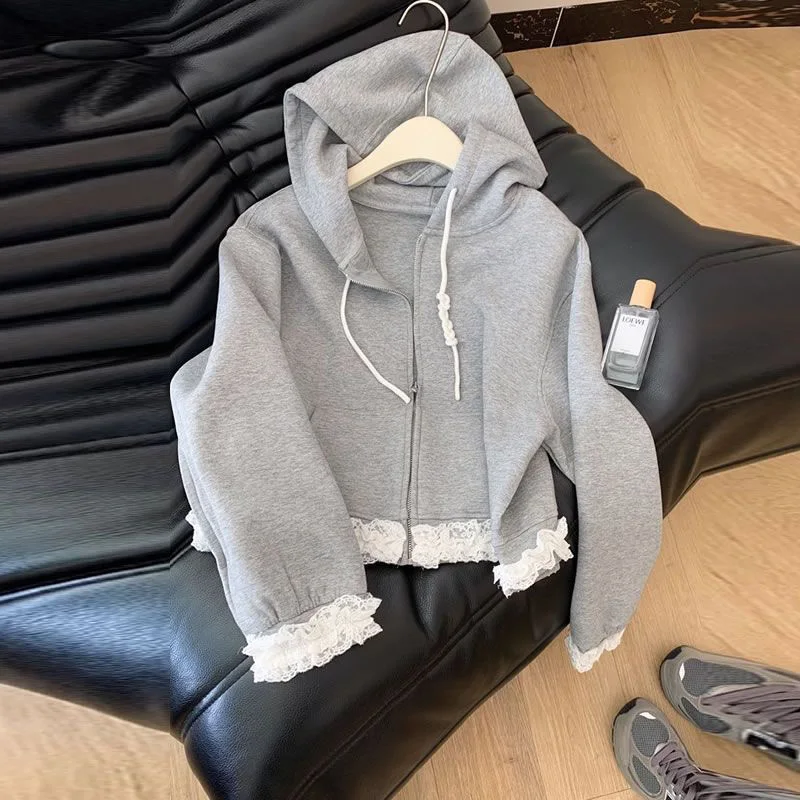 Lace Patchwork Sweet Hoodies Women Spring Preppy Style Long Sleeve Cute Sweatshirt Fashion Pockets Female Loose Korean Tops New
