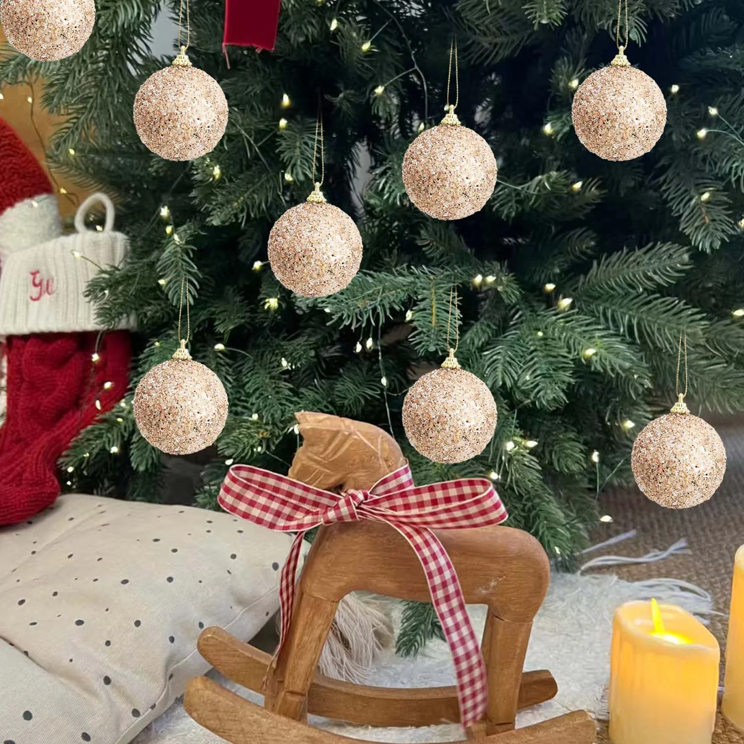 Champagne Gold Glitter Christmas Ornaments - Sparkling 6cm Ball Pendants