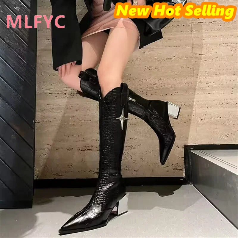 

High Heel Pointed Knight Boots Women's Thick Heel Autumn/Winter New V-neck Long Tubing Boots Over Knee Western Boots
