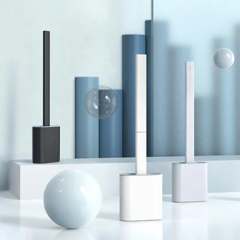 

Wall Mounted Silicone Toilet Brush Dual Layers Base Drying Holder Water Leak Proof Detachable Handle Toilet Bathroom WC Cleaner
