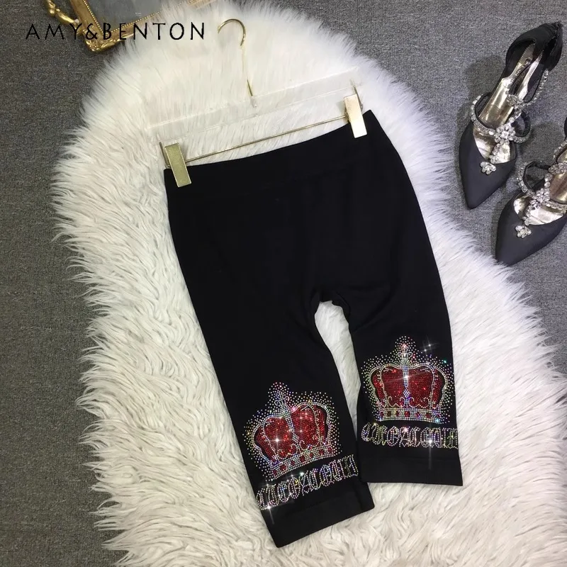 

Heavy Embroidery Diamond Drills Shorts Women's Light Luxury Crown Fifth Pants Tight Cotton Black Skinny Cycling Trousers Summer