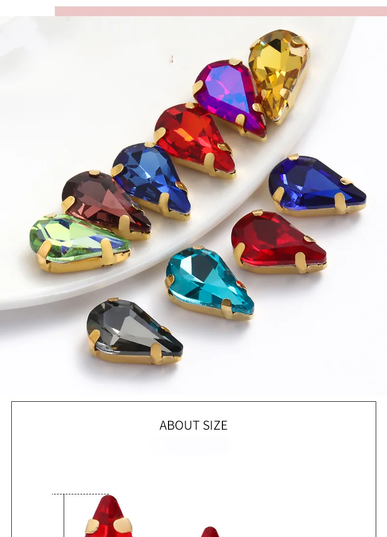 Description Picture 4 of itemTeardrop Shape Glass Rhinestone With Golden Claw Sew On Crystal Stone Strass Diamond For Wedding Dress Bag Crafts Embellishments