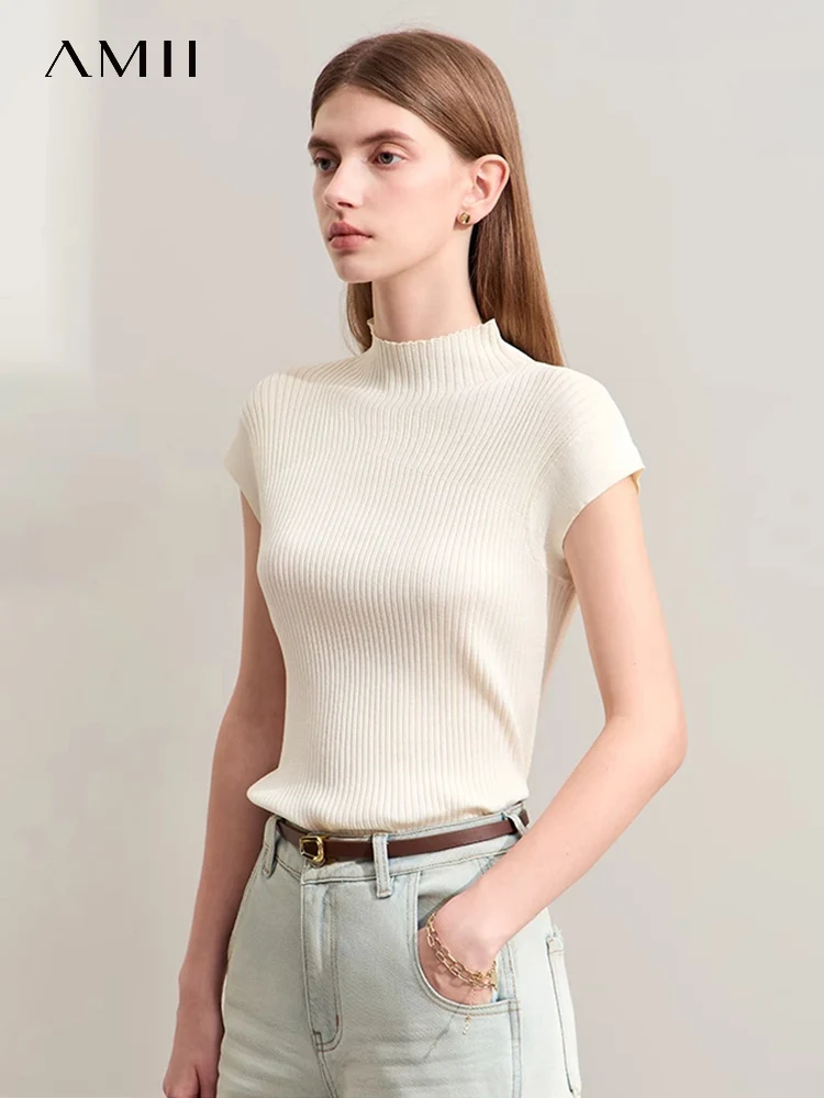 

Amii Minimalism Women Wool Knit Sweater 2024 Summer New Mock Neck Ice Silk Slim Cap Sleeve Spliced Female Casual Blouse 12442180